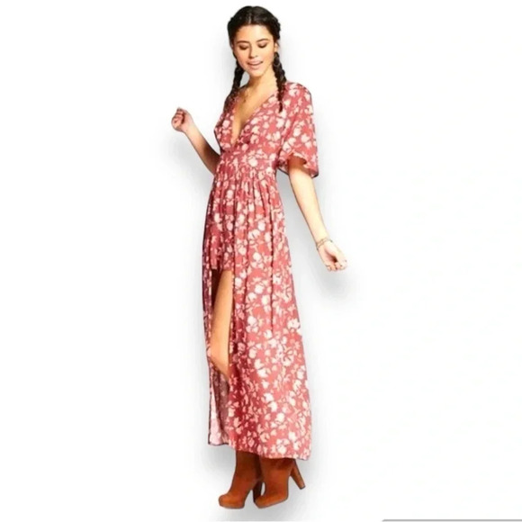 Floral Romper Maxi Dress Keyhole Low Back Lightweight - Dusty Rose Size Large - Picture 1 of 8